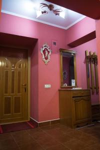 切尔诺夫策诺斯公寓 的浴室设有粉红色的墙壁、门和镜子