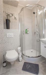 比亚韦斯托克CR Apartament Broniewskiego 15的带淋浴、卫生间和盥洗盆的浴室