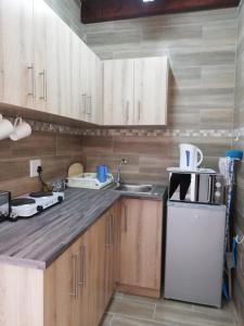 鲸湾港Walvis Bay Backpackers & Self-catering的厨房配有木制橱柜、水槽和冰箱。