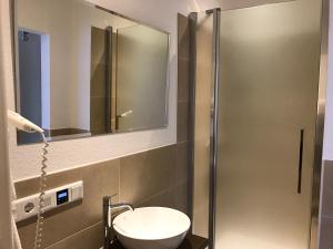 HandelohHotel-Restaurant Fuchs的浴室配有盥洗盆和带镜子的淋浴