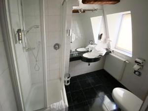 韦特海姆Hotel am Malerwinkel的带淋浴和盥洗盆的浴室