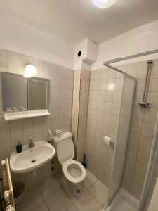 塞克希费黑瓦尔巴拿马住宿加早餐汽车旅馆的浴室配有卫生间、盥洗盆和淋浴。