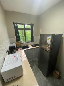 格兰贝伊KSTUDIOS的厨房配有冰箱和带微波炉的台面