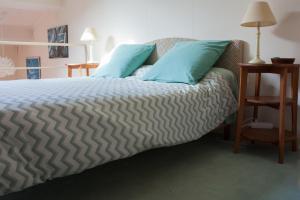 土伦佩契尔庄园旅馆的一间卧室配有一张带蓝色枕头的床。