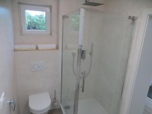 萨尔茨堡Premium City Apartment Amadeus的一间带玻璃淋浴和卫生间的浴室