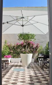 特拉尼I Colori della Puglia Rooms的一个带大白伞和盆栽的庭院