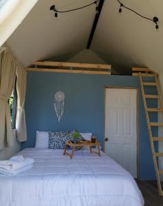 Sarchí SurTiny House Dreamcatcher的一间卧室配有一张带梯子的床和一张四柱床