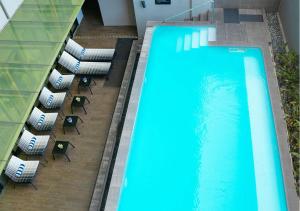 乔治市槟城乔治市彩鸿酒店的享有带躺椅的游泳池的顶部景致