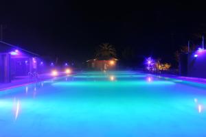 河津町Amis Droles的夜晚的游泳池,灯光蓝色
