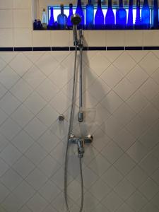 埃斯波Room in Villa Emilia的浴室设有淋浴,墙上装有蓝色瓶子