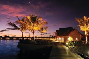 Gaafu Dhaalu Atoll马尔代夫阿雅达度假村的棕榈树码头和夜间建筑