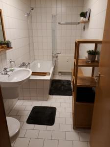 Sankt EgidienFerienwohnung Schreckenbach的浴室配有水槽、淋浴和浴缸。
