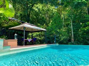 凯恩斯Cairns Rainforest Retreat的一个带凉亭和桌椅的游泳池