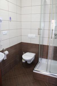 米洛维采Penzion Kotvas的浴室配有卫生间、淋浴和盥洗盆。