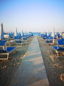 切塞纳蒂科Il Battello的海滩上一排蓝色的躺椅