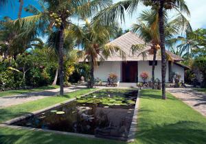 TemukusVilla Paradise Lovina的棕榈树屋前的池塘