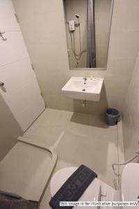 素叻Rajthani Hotel - SHA Certified的一间带水槽、卫生间和镜子的浴室