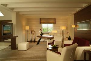 莱茵河畔路德维希港勒内博恩酒店的客厅配有白色家具和电视