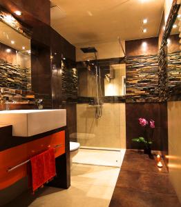 克拉科夫Royal Parkside的一间带水槽、淋浴和卫生间的浴室