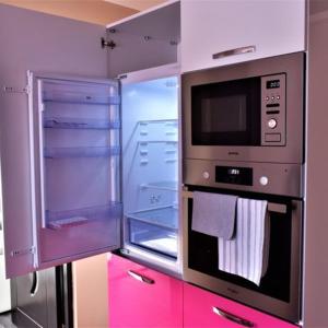 萨图马雷Arrami Aparthotel的厨房配有冰箱和微波炉。
