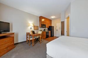 圣安东尼奥圣安东尼奥北部石橡树区烛木套房酒店的一间卧室配有一张床和一张书桌及电视