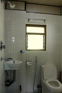 TānsenHorizon Homestay的一间带水槽和卫生间的浴室以及窗户。