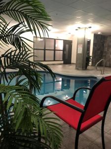 魁北克市大时代酒店 - 魁北克机场的游泳池旁的红色椅子