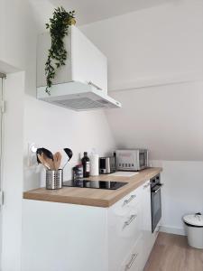 Déville-lès-RouenFleuryBis - Appartement calme proche de Rouen的厨房配有白色橱柜和炉灶烤箱。