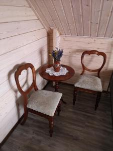 戈乌达普Mazurski Staw的小屋内的房间,配有两把椅子和一张桌子
