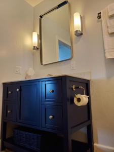 波因特阿里纳Point Arena Lighthouse的浴室设有蓝色橱柜和镜子