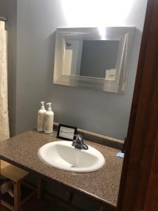 阿尔派恩Loft 4 - 1 of 5 downtown的浴室的柜台设有水槽和镜子