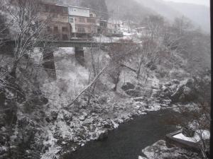 水上町聚乐水上日式旅馆的一条河上的桥梁,上面有雪