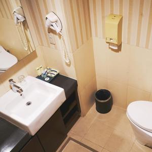 棉兰旅客套房服务式公寓的一间带水槽和卫生间的浴室以及一部电话