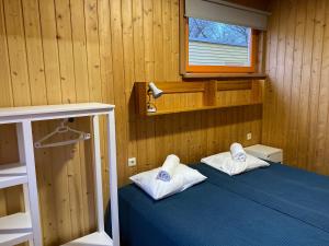 文茨皮尔斯皮埃尤拉斯露营地的一间卧室配有蓝色床上的两个枕头