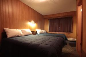 贾斯珀Miette Hot Springs Bungalows的酒店客房设有两张床和窗户。