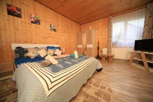 布拉索夫Sforii Residence的一间带一张大床的卧室,位于带木墙的房间