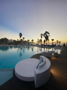 克拉伦代克Van der Valk Plaza Beach & Dive Resort Bonaire的一座大型游泳池,游泳池内拥有棕榈树度假村
