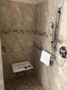 安大略美国旅馆的浴室配有淋浴和卫生间。
