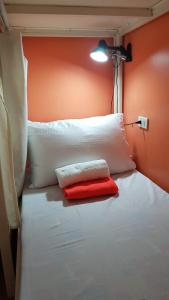 马尼拉Crossroads Hostel Manila的一张带红色枕头的床和一盏灯
