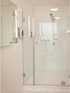 不莱梅埃德尔韦斯酒店的白色的浴室设有玻璃门淋浴