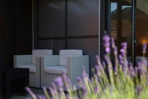 因特拉肯Hotel Crystal Interlaken的房间里的两张白色椅子和紫色花朵