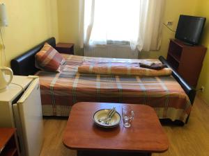 里加萨宾娜酒店的小型酒店客房配有一张床和一张桌子