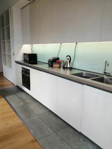 普里茅斯Royal William Yard Apartment的厨房配有白色橱柜、水槽和柜台。