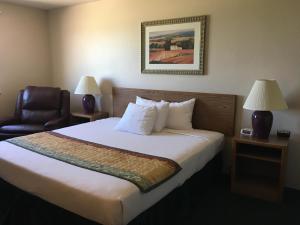 CassvilleCassville Four Seasons Inn & Suites的配有一张床和一把椅子的酒店客房