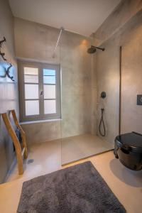 爱琴娜岛Sophia Aegina的带淋浴和玻璃淋浴间的浴室