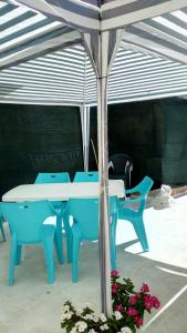 雅典SAN REMO HOSTEL的帐篷下一张蓝色的桌子和椅子