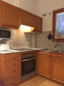 蓬塔格罗萨洛克斯码头公寓的厨房配有木制橱柜和炉灶烤箱。
