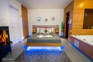 哈德内斯Yosefdream Luxury suites的卧室配有一张床、一个壁炉和一个浴缸