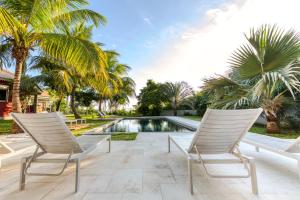 圣皮埃尔提帕赖斯住宿加早餐旅馆的两把椅子位于一个棕榈树泳池旁的庭院