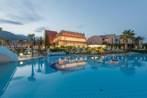 洛阿诺洛阿诺田园酒店的一座大型游泳池,其建筑背景为: